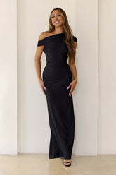 Sultry Draped One Shoulder Maxi Dress Black