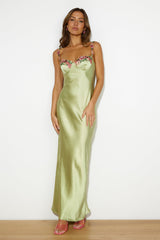 Flower Chains Satin Maxi Dress Green