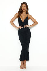 Exotic Entrance Halter Mesh Midi Dress Black