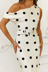 Meet Your Dream Off Shoulder Satin Midi Dress Ivory